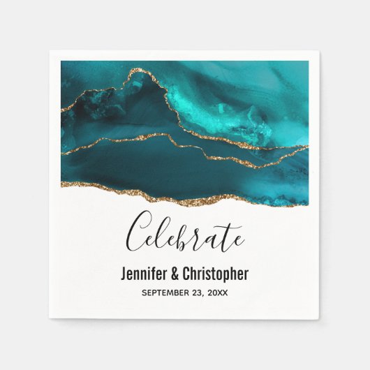 モダンスタイリッシュティール（緑がかった色）と金ゴールドアゲートオンホワイト スタンダードカクテルナプキン (正面)