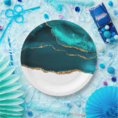 モダンスタイリッシュティール（緑がかった色）と金ゴールドアゲートオンホワイト ペーパープレート (パーティー)