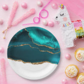 モダンスタイリッシュティール（緑がかった色）と金ゴールドアゲートオンホワイト ペーパープレート (パーティー)