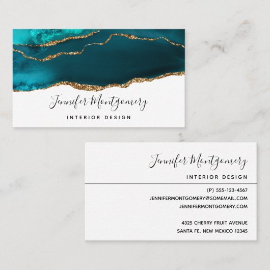 モダンスタイリッシュティール(緑がかった色)と金ゴールドアゲートオンホワイト 名刺 (正面/裏面)