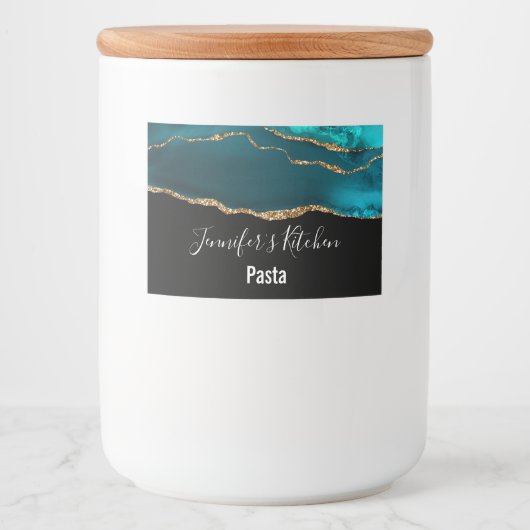 モダンスタイリッシュティール（緑がかった色）アゲート&金ゴールドリボンキッチン フードラベル (正面)