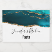 モダンスタイリッシュティール（緑がかった色）アゲート&金ゴールドリボンキッチン フードラベル (シングルラベル)