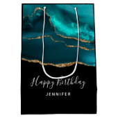 モダンスタイリッシュティール（緑がかった色）アゲート&金ゴールドリボン誕生日 ミディアムペーパーバッグ (裏面)