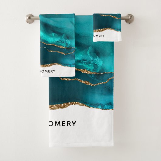 モダンスタイリッシュティール(緑がかった色)アゲート&金ゴールドリボン バスタオルセット (インサイチュ)