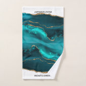 モダンスタイリッシュティール(緑がかった色)アゲート&金ゴールドリボン バスタオルセット (ハンドタオル)