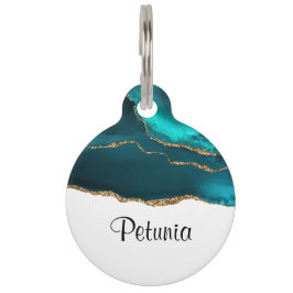 モダンスタイリッシュティール（緑がかった色）アゲート&金ゴールドリボン ペット　ネームタグ