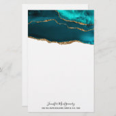 モダンスタイリッシュティール（緑がかった色）アゲート&金ゴールドリボン 便箋 (正面/裏面)