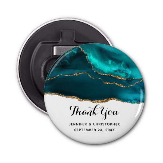 モダンスタイリッシュティール（緑がかった色）アゲート&金ゴールドリボ結婚ン 栓抜き (正面)