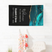 モダンスタイリッシュティール（緑がかった色）アゲート&金ゴールドリボ結婚ン 横断幕 (インサイチュ)