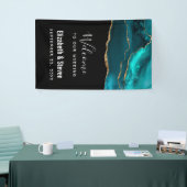 モダンスタイリッシュティール（緑がかった色）アゲート&金ゴールドリボ結婚ン 横断幕 (トレードショー)