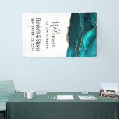 モダンスタイリッシュティール（緑がかった色）アゲート&金ゴールドリボ結婚ン 横断幕 (トレードショー)