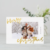 モダンスタイリッシュプレミアム写真メリーのクリスマス金ゴールド 箔シーズンカード (立ち正面)