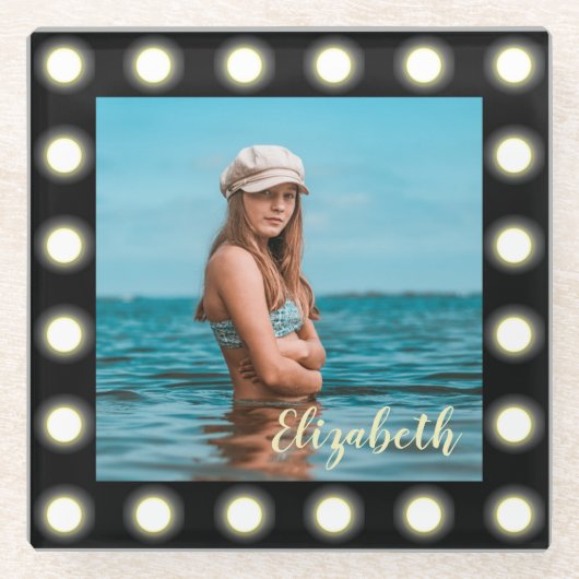 モダンスタイリッシュユニーク黒の正方形フォトフレーム ガラスコースター (正面)