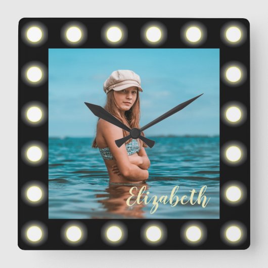 モダンスタイリッシュユニーク黒の正方形フォトフレーム スクエア壁時計 (正面)