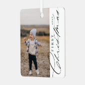 モダンスタイリッシュ初めてのクリスマスScript家族の写真 メタルオーナメント (正面左)