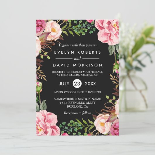 モダンスタイリッシュ春の結婚式フローラリース 招待状 (スタンド正面)