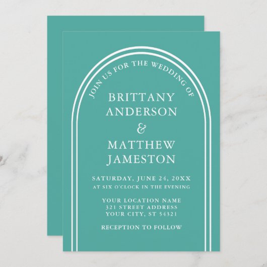 モダンスタイリッシュ結婚ティール(緑がかった色) 招待状 (正面/裏面)