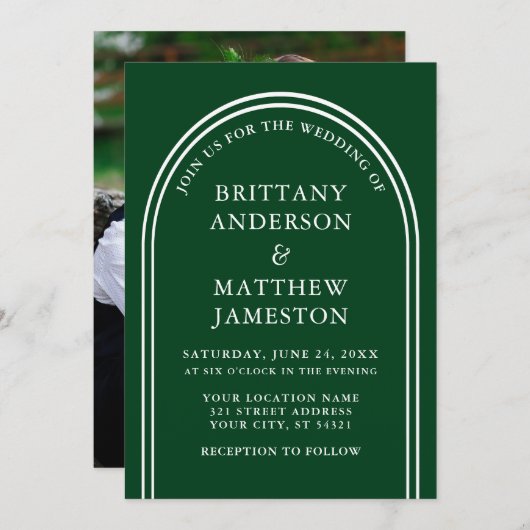 モダンスタイリッシュ結婚Archの緑の写真 招待状 (正面/裏面)