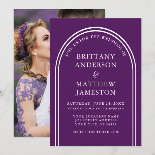 モダンスタイリッシュ結婚Arch's Purple Photo 招待状 (正面/裏面)