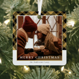 モダンスタイリッシュ金ゴールドプレイドのクリスマスカップルの写真 メタルオーナメント