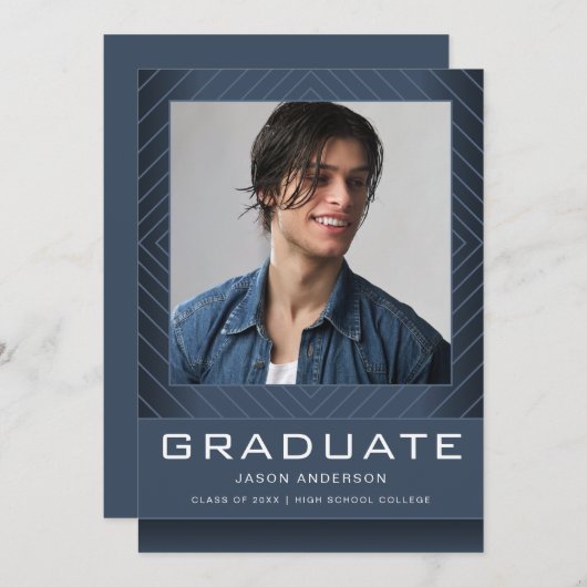 モダンスタイリッシュ1フォトブルー卒業 案内状 (正面/裏面)