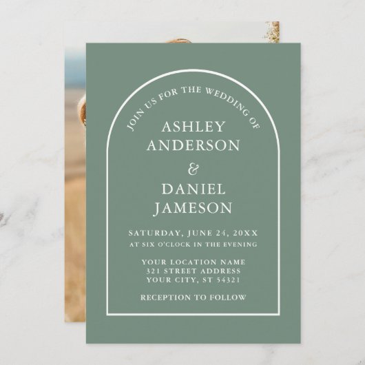 モダンスタイリッシュArch Sage Green 結婚 Photo's 招待状 (正面/裏面)