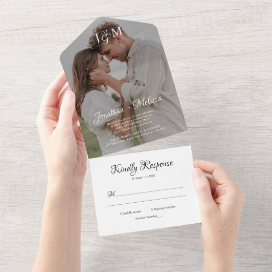 モダンスタイリッシュPhoto Monogram Script結婚's オールインワン招待状 (貼ってはがせる)