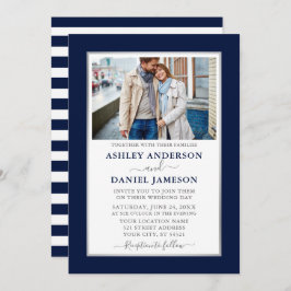 モダンストライプのエレガントブルー結婚シルバー 招待状