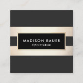 モダンストライプのエレガント黒フェイク箔 スクエア名刺 (正面)