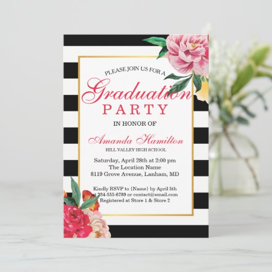 モダンストライプのクラシックフローラ牡丹卒業 招待状 (スタンド正面)