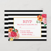 モダンストライプのクラシックフローラ牡丹結婚式RSVP 出欠カード (正面/裏面)