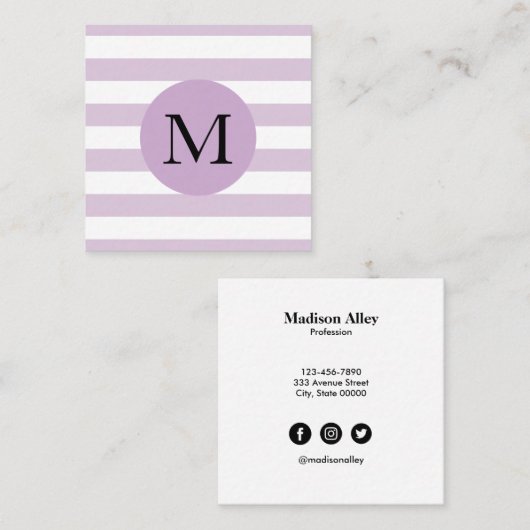 モダンストライプのシンプルモノグラム スクエア名刺 (正面/裏面)