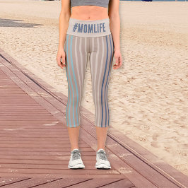 モダンストライプのベージュとブルー カプリレギンス