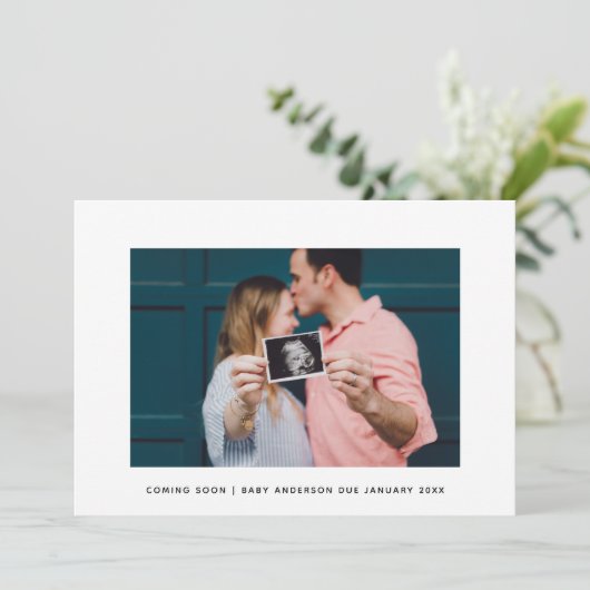 モダンストライプエレガント生児来の妊娠 案内状 (スタンド正面)