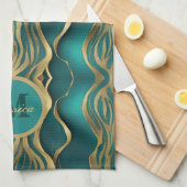モダンストライプターコイズティール(緑がかった色)ブルーパーソナライズされた キッチンタオル (四つ折り)