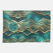 モダンストライプターコイズティール(緑がかった色)ブルーパーソナライズされた キッチンタオル (横)