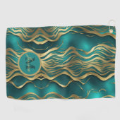 モダンストライプターコイズティール（緑がかった色）ブルーパーソナライズされた ゴルフタオル (横)