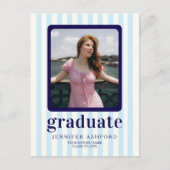 モダンストライプネイビーブルー写真卒業パーティー ポストカード (正面)