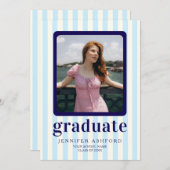 モダンストライプネイビーブルー写真卒業パーティー 招待状 (正面/裏面)
