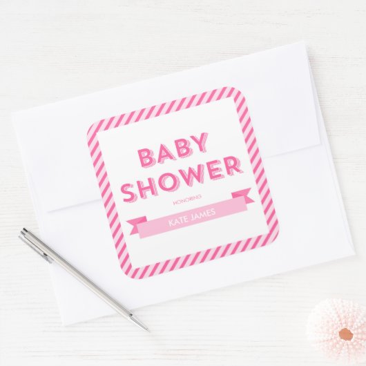 モダンストライプピンク赤ちゃん スクエアシール (封筒)