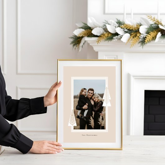 モダンストライプフレームエバーグリーンクリスマスツリーフォト ポスター