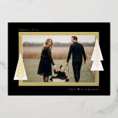 モダンストライプフレームエバーグリーンクリスマスツリーフォト 箔シーズンカード (正面)