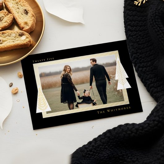 モダンストライプフレームエバーグリーンクリスマスツリーフォト 箔シーズンカード