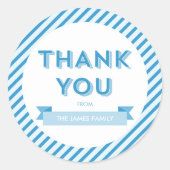 モダンストライプブルーベビーシャワーありがとう ラウンドシール (正面)