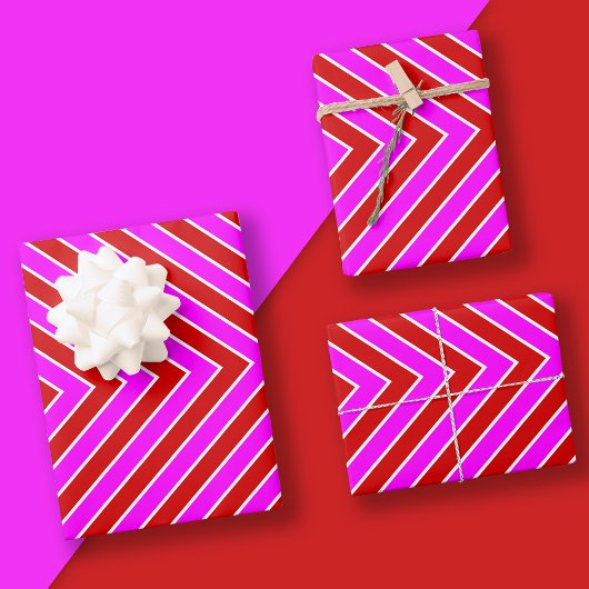 モダンストライプ模様赤ホットピンク ラッピングペーパーシート