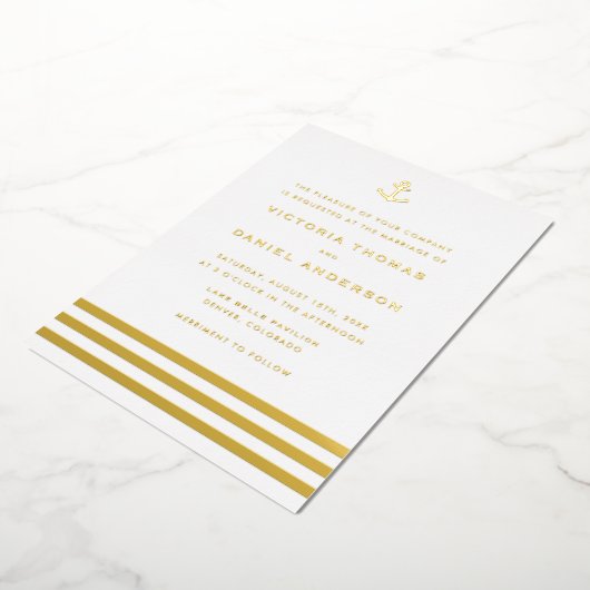 モダンストライプ航海のいかり結婚s 箔招待状 (回転した状態)