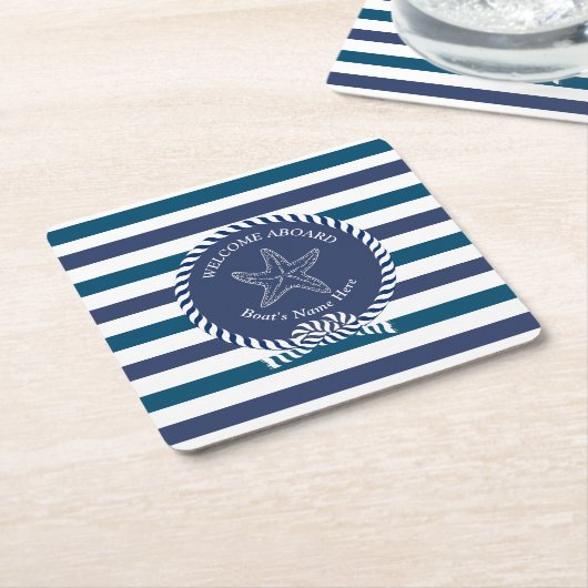 モダンストライプ航海のターコイズネイビーブルーホワイト スクエアペーパーコースター (アングル)