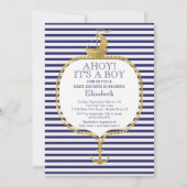モダンストライプ航海の金ゴールドいかりベビーシャワー 招待状 (正面)