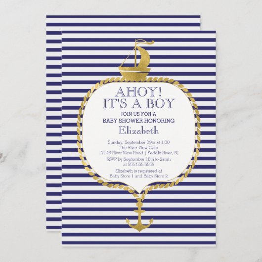 モダンストライプ航海の金ゴールドいかりベビーシャワー 招待状 (正面/裏面)