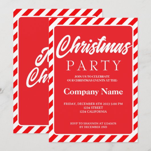 モダンストライプ赤白クリスマスパーティー 招待状 (正面/裏面)